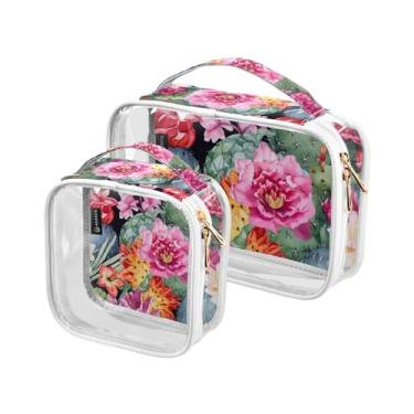 Imagem de Papel de parede floral em preto com aquarela sacos de viagem de plástico transparente com zíper, bolsa de maquiagem para meninas, pacote com 2, Aquarela de flores - 2, one size