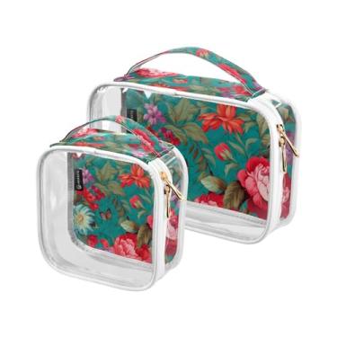 Imagem de GAIGEO Conjunto de 2 sacos de higiene pessoal transparentes, tabuleiro de xadrez verde com margaridas brancas, conjunto de bolsas transparentes para viagem, Turquesa e vermelho floral - 4, one size