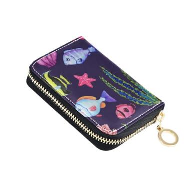 Imagem de Carteira feminina de couro com porta-cartões com bloqueio de RFID, zíper ao redor do zíper, carteira de viagem com chaveiro, desenho fofo de peixe, azul marinho, colorido