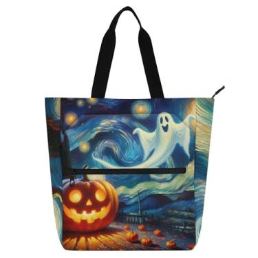 Imagem de Sacola feminina para trabalho noturno estrelado de abóbora de dia das bruxas, bolsa escolar, bolsa para livros, fofa, para crianças, presente para amantes de livros