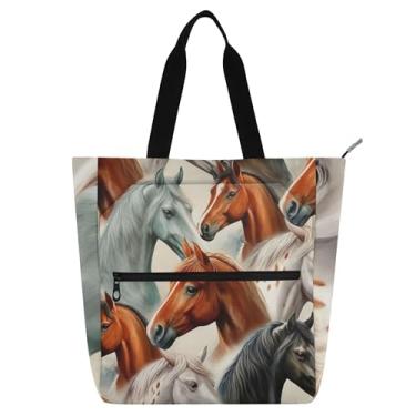 Imagem de GAIGEO Bolsa feminina Horse Heads para trabalho, lona, praia, livros, bolsa carteiro com zíper e compartimentos