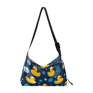 Imagem de Bolsa tiracolo moderna de borracha amarela com bolhas, bolsa tiracolo de couro, bolsas Hobo de couro para mulheres, Rubber Ducks on Blue-1, One Size