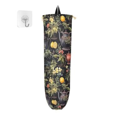 Imagem de GAIGEO Organizador de armazenamento floral preto com bules de chá, porta-sacolas de plástico, bolsa de armazenamento de parede