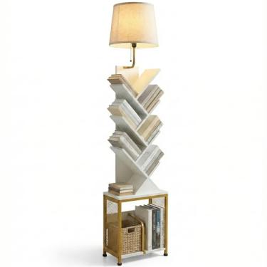 Imagem de Zexvida Estante de 6 níveis com abajur oval, prateleira de armazenamento vertical com portas e luzes para sala de estar, quarto, escritório de estudo (ouro champanhe)