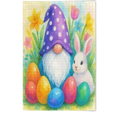 Imagem de Quebra-cabeça fofo gnomo coelho flores ovos adulto 1000 peças, presentes divertidos elefantes brancos legais grandes quebra-cabeças animais arte colorida, 1000 peças, 75 x 50 cm