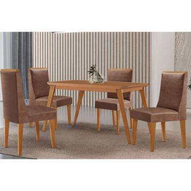 Imagem de Sala Jantar Mesa Havana Tampo Curvo 120cm+4 Cadeiras Dakota Madeira Naturale - Capuccino/Corano Capuccino - Rufato