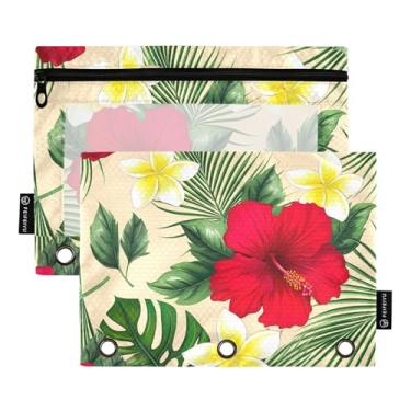 Imagem de Pasta para meninos com 3 anéis, bolsa de lápis, fichário com zíper, armazenamento de canetas, fichários escolares, bolsos transparentes, flores vermelhas tropicais, folhas verdes, 25 x 18 cm, 2