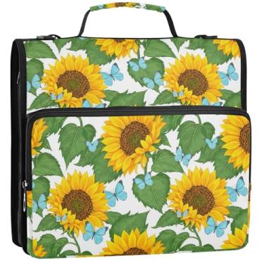 Imagem de 3 fichários de 3 anéis, girassóis amarelos com zíper, bolsa escolar com alça de ombro, pasta de armazenamento de documentos com alça, 34,5 x 31,5 x 9 cm