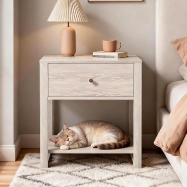 Imagem de Mesa de cabeceira cinza, mesa de cabeceira moderna com gaveta e prateleira de armazenamento, mesa de canto grande para sala de estar e quarto, mesa de cabeceira de madeira, cinza