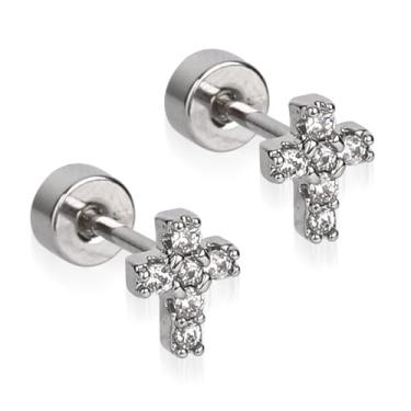 Imagem de Pequenos Brincos Cruz Zircônia, Fundo Chato Brincos Cruz Pino Aço Titânio Joia Minimalista para Mulheres Homens Cartilagem Trágus Piercing Sleeper Presente Moda (Prata)