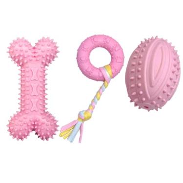 Imagem de Brinquedo Dental Mordedor Puxador para Cachorros Cães Pequenos Porte Pet Anti-Stress Resistente Osso Donut Rugby (Rosa KIT)