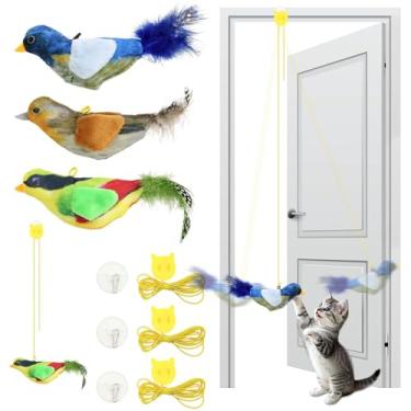 Imagem de ZABARE Brinquedos interativos para gatos, 3 peças de brinquedos para pendurar gatos em ambientes internos, brinquedo de pássaro voador, moldura de porta para gatos adultos entediados em ambientes