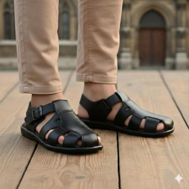 Imagem de Sandália Masculino Couro legitimo Solado de Borracha Conforto Dia a Di