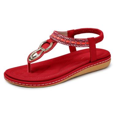Imagem de SHIBEVER Sandálias femininas elegantes de verão: sandálias femininas confortáveis para caminhada boêmia com tira em T feminina casual e confortável, 563-vermelho, 41