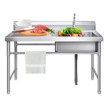 Imagem de Pia de cozinha com bancada de trabalho, pia industrial, pia comercial, pia independente de aço inoxidável, com torneira, para garagem, restaurante, cozinha, lavanderia, interior e exterior (tamanho