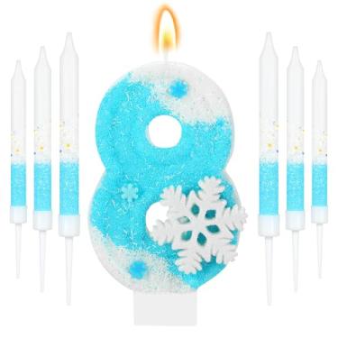 Imagem de IDIJOLI Conjunto de velas de aniversário Blue Frozen, floco de neve, branco, número 8, topos de cupcake, tema de inverno, decorações de festa de aniversário de 8 anos, comemorações, suprimentos