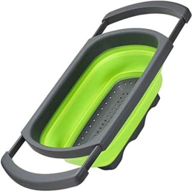 Imagem de Escorredor de Alimentos Retrátil em Silicone, Dobrável, Verde e Cinza, com Alças Expansíveis, para Lavar Legumes e Escorrer Macarrão, Suporta -40°C a 220°C, 58x25x12cm