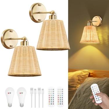 Imagem de Arandelas de parede recarregáveis Frideko Rattan, conjunto de dois com controle remoto, RGB 15 cores reguláveis, lâmpada de parede interna sem fio com 3 temporizadores, luminária de arandela Boho de