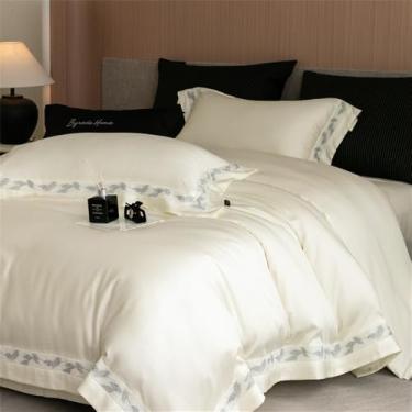 Imagem de Conjunto de cama de verão macio, sedoso e refrescante, com capa de edredom de borda larga, lençol de cima/com elástico e fronhas (4 peças), cor 1, lençol de baixo com elástico de 1,5 m.