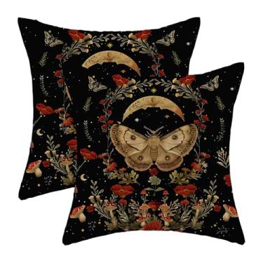 Imagem de Sorktse Capas de almofada de cogumelo de mariposa preta 45,7 x 45,7 cm ao ar livre vintage lua vermelha floral conjunto de 2 fronhas de cogumelo decoração de casa para quarto sofá sofá almofada de