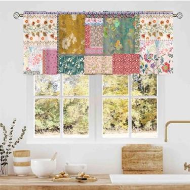 Imagem de Cortina floral boho, flores vintage patchwork boêmio colorido padrão retrô costura bolso para varão pequenas cortinas de janela curta para cozinha, café, sala de estar, quarto, armário, banheiro, 137