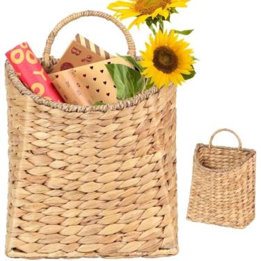 Imagem de Cesto de pendurar de tecido boho, cesta de parede de tecido plano de jacinto de água, cestas de vime feitas à mão para porta da frente, decoração rústica de casa de fazenda e jardim, presente de