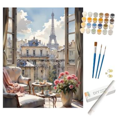 Imagem de Kit de pintura por números de varanda Paris para adultos – Torre Eiffel DIY e pintura de configuração de chá em tela enrolada 40 x 50 cm, conjunto de tinta acrílica, adequado para iniciantes, arte