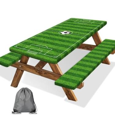 Imagem de Capa de mesa de piquenique com bordas elásticas, capa de mesa com tema de futebol verde, impermeável, à prova de vento, para festas de esportes ao ar livre, reuniões infantis, pátio, jardim, bolsa com