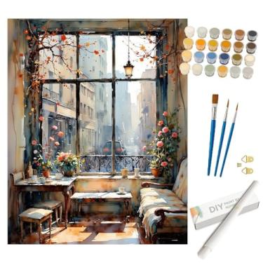 Imagem de Urban Interior Paint by Numbers Kit para adultos – Mesa de centro DIY por pintura de janela enrolada em tela 40,6 x 50,8 cm, conjunto de tinta acrílica, adequado para iniciantes, arte para decoração