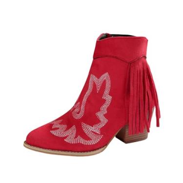 Imagem de Botas femininas casuais com bico redondo com design de cadarço e zíper lateral botas curtas de salto alto para inverno, Vermelho, 36