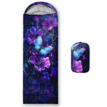 Imagem de QOOMO Sacos de dormir impermeáveis com flores roxas para adultos e crianças, sacos de dormir estampados para acampamento, clima quente e frio, leve, viagem e ao ar livre, equipamento de acampamento