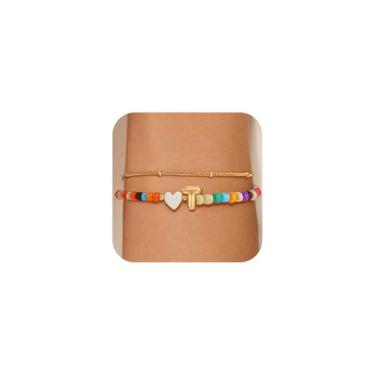 Imagem de Eaciy Pulseiras coloridas com inicial para mulheres e meninas - Pulseira com pingente de coração banhado a ouro 14K com letra inicial Daint A-Z, joias de verão, presentes para meninas adolescentes, 8