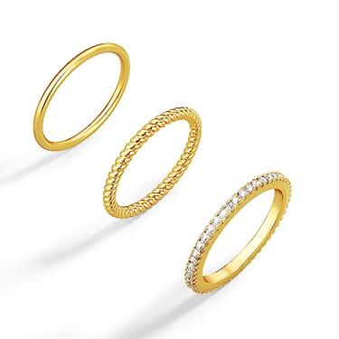Imagem de Moodear 3 peças de anéis de ouro para mulheres, banhado a ouro 14 k/prata esterlina anéis finos empilháveis para mulheres anéis de casamento de zircônia cúbica para mulheres alianças de casamento não mancham joias estéticas tamanho para 5-10, 5, Banhado a ouro, Zircônia cúbica
