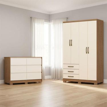 Imagem de Guarda Roupa Solteiro Caju 4 Portas Ambiente E Cômoda Ravenna Nature Off White - Henn