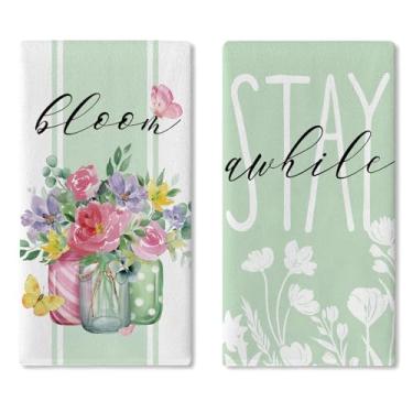 Imagem de Croar Conjunto de 2 panos de prato de cozinha florais primavera verão flor aquarela flor pote secagem toalha de mão pano de cozimento, verde Stay Awhile flores silvestres banheiro decoração de casa