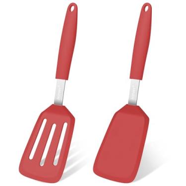 Imagem de POTWIY Conjunto de 2 espátulas de silicone, utensílios de cozinha resistentes ao calor de 315 °C, antiaderentes e sem BPA, espátula flexível sólida e ranhurada para cozinhar ovos e panquecas (vermelho