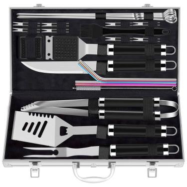 Imagem de Kit Churrasco na Grelha 25 Peças de Aço Inoxidável e Escova de Limpeza com Estojo de zenamento, ROMANTICIST grill accessories, Prateado