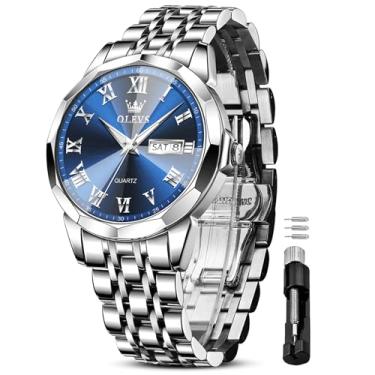 Imagem de OLEVS Relógios masculinos prateados, luxuosos, à prova d'água, prata para homens, analógico, quartzo, aço inoxidável, relógio social clássico, casual, relógio de pulso, mostrador grande, com relógios