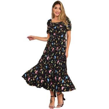 Imagem de Vestido Festa Midi Plissado Laço Manga Bufante Elegante - G-Store, Pre
