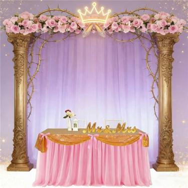 Imagem de Windkream 5 peças de toalha de mesa rosa tema princesa azul e prata tule saia de mesa 76 x 272 cm capa de mesa rosa para decoração de festa de aniversário suprimentos