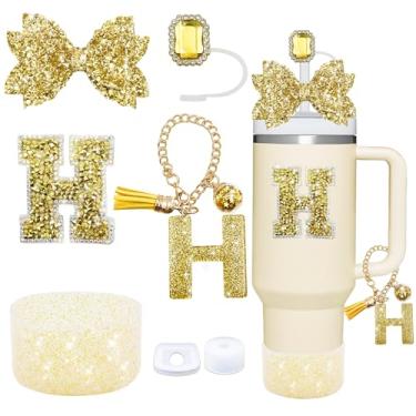 Imagem de Conjunto de acessórios de copo dourado de 7 peças para copo Stanley de 850 g/1,134 g, inclui tampa de canudo de joias, tampa à prova de derramamento, decorações de iniciais, pingente de alça, bota de