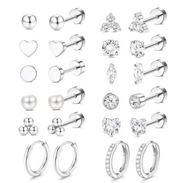 Imagem de Incaton Brincos femininos hipoalergênicos banhados a ouro 14K com costas planas de aço inoxidável cirúrgico para orelhas sensíveis, conjunto de brincos de cartilagem e cartilagem para vários piercings