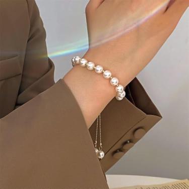 Imagem de Pulseira feminina estilo europeu com contas de pérolas falsas, joia de pulso com borla longa ajustável, acessório elegante e moderno, Medium, Liga metálica, Sem Pedra Preciosa