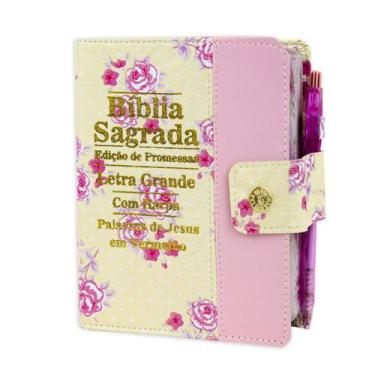 Imagem de Biblia Sagrada Letra Grande C/harpa E Botão - Floral E Rosa - REI DAS 