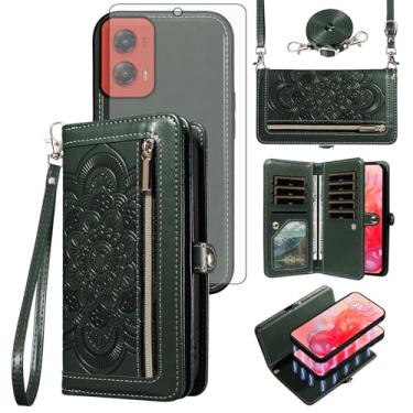 Imagem de Asuwish Capa de celular para Motorola Moto G Stylus 5G 2024 com zíper carteira destacável com protetor de tela de vidro temperado alça transversal para pulso mandala flor porta-cartão G5 mulheres