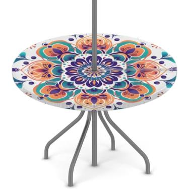 Imagem de Pardick Toalha de mesa redonda mandala boêmia para uso ao ar livre com orifício para guarda-chuva, toalha de mesa redonda, impermeável, com zíper, elástico, capa de mesa de pátio, serve para mesas de