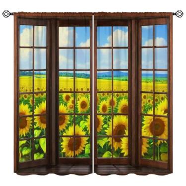 Imagem de FAOTELY Lindas cortinas de paisagem de girassol rústica vintage pintura a óleo girassol jardim 3D janela vista cortinas de janela para quarto sala de estar cozinha café (L50xC45 polegadas) x2