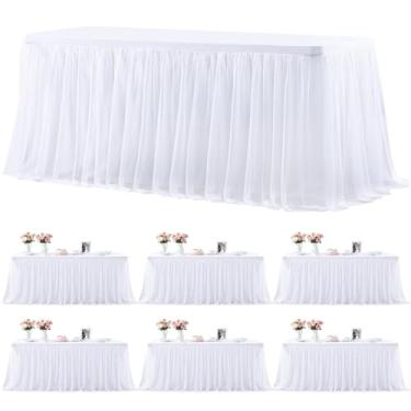 Imagem de Pacote com 6 toalhas de mesa brancas de 2,4 m, toalha de mesa retangular de tule, toalhas de mesa brancas ajustadas para mesas retangulares de 2,4 m, capas de mesa de elastano elásticas para festas