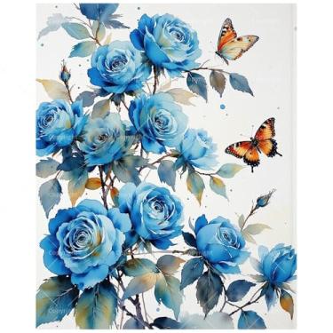 Imagem de Kit de pintura de borboletas florais e rosas azuis por números para adultos - Pintura de jardim DIY em tela 40,6 x 50,8 cm, conjunto de tinta acrílica, adequado para iniciantes, arte inspirada na