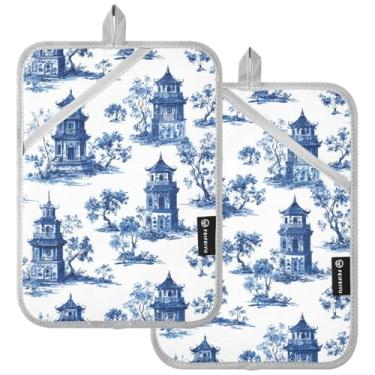 Imagem de Peystean Conjunto de 2 suportes de panela de bolso resistentes ao calor, pagode com design azul e branco, forro acolchoado grande chinês, almofadas quentes, luvas de forno, decoração de bancada